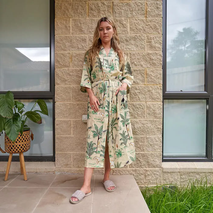 Cotton Kimono Bathrobe Cardigan Dressing Gown summer jungle