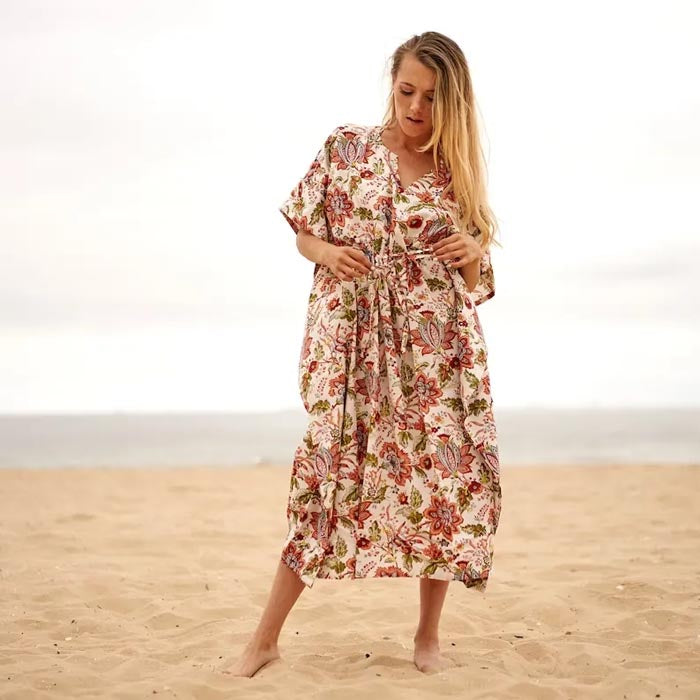 Cotton Kaftan Kimono Dress Cardigan Red Beige print – Forum4 - Main Image