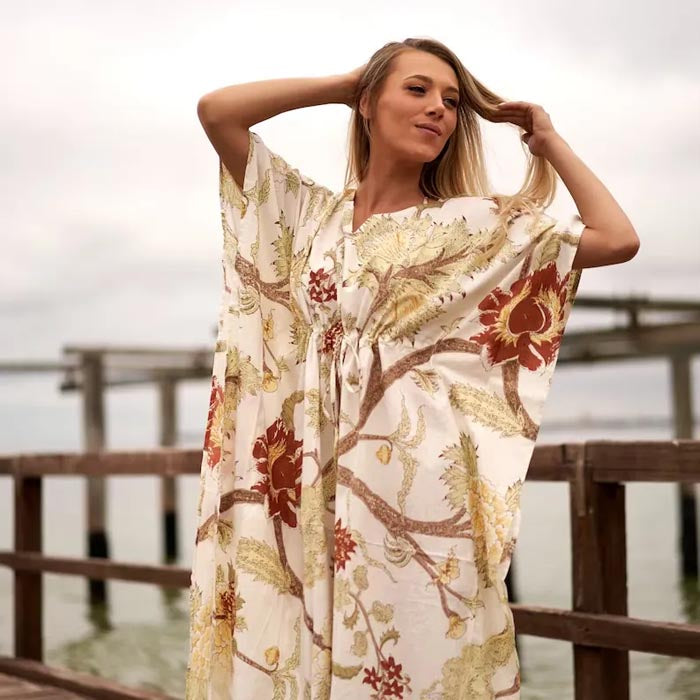 Cotton Kaftan Kimono Maxi Dress Cotton Tree of Life Beige Forum4 Collections