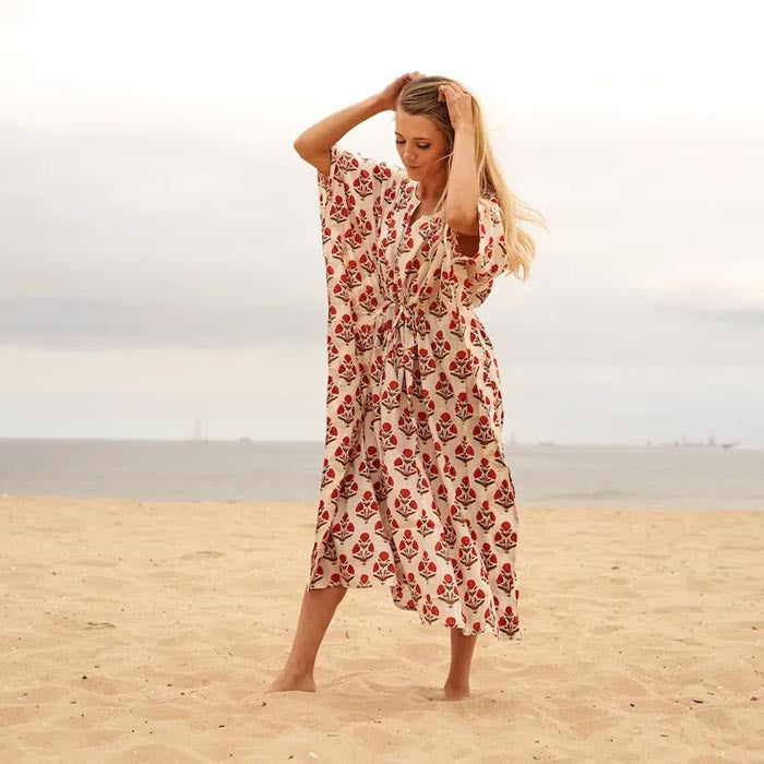 Cotton Kaftan Kimono Robe Maxi Dress Block Print Floral Red