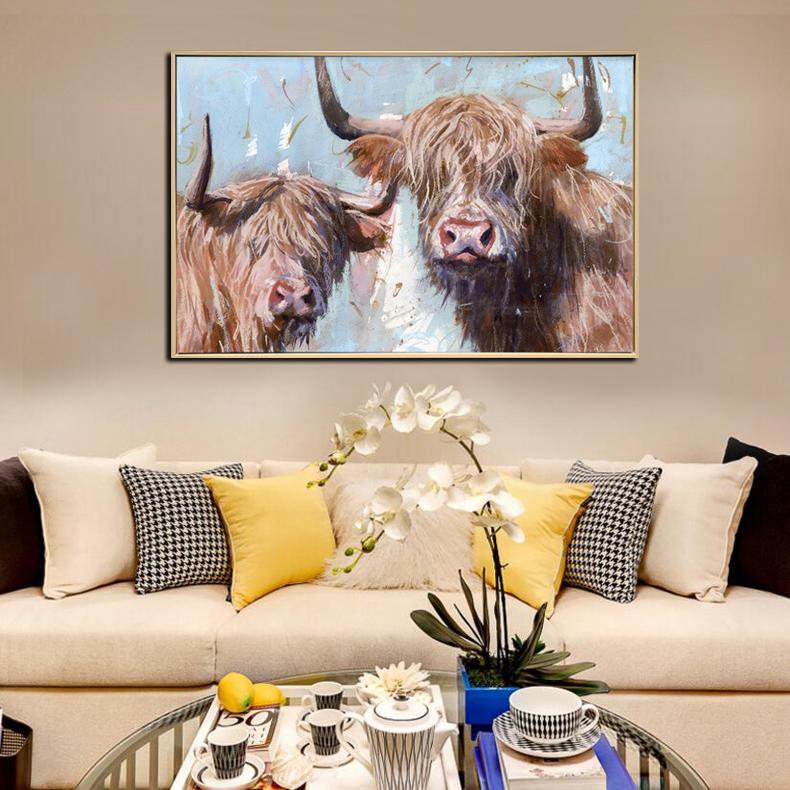 TWO PASTEL HIGHLAND COWS - BRUSHED PAINT FRAMED CANVAS ART