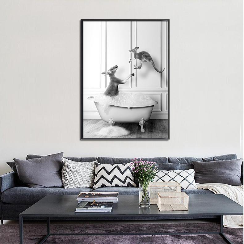 BLACK & WHITE ART SERIES - FRAMED CANVAS ART - KANGAROOS BATH TIME