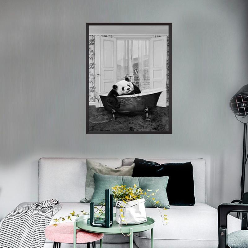 BLACK & WHITE ART SERIES - FRAMED CANVAS ART - PANDA BATH TIME