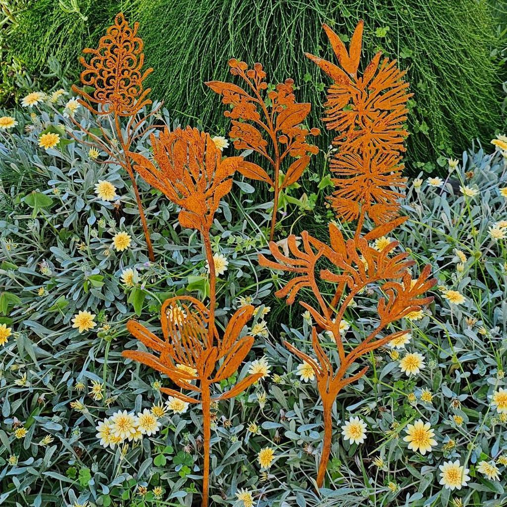 6PC RUSTY AUSTRALIAN FLOWER STAKE SET